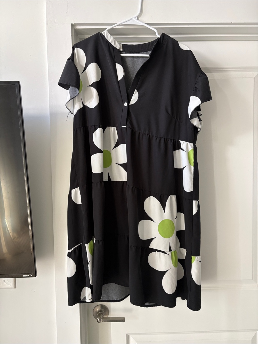 Black Floral Tiered Dress with White & Green Daisy Motif